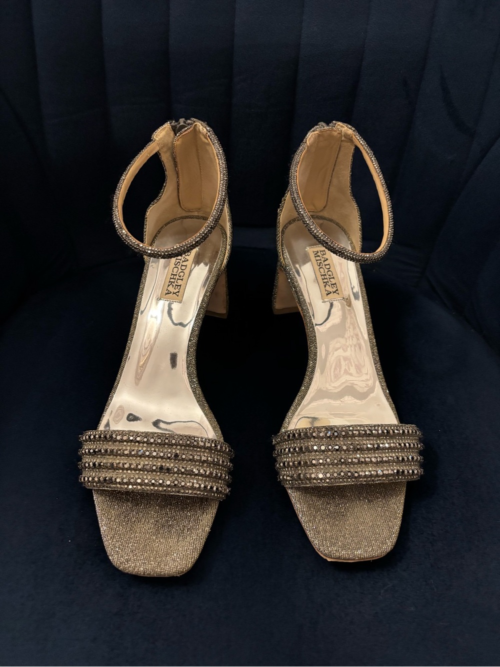 Badgley Mischka Bronze Beaded Ankle-Strap Heels